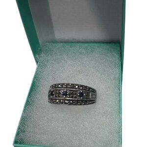 Vintage Sterling Silver Marcasite Band Ring | Blue Stone | Size 9